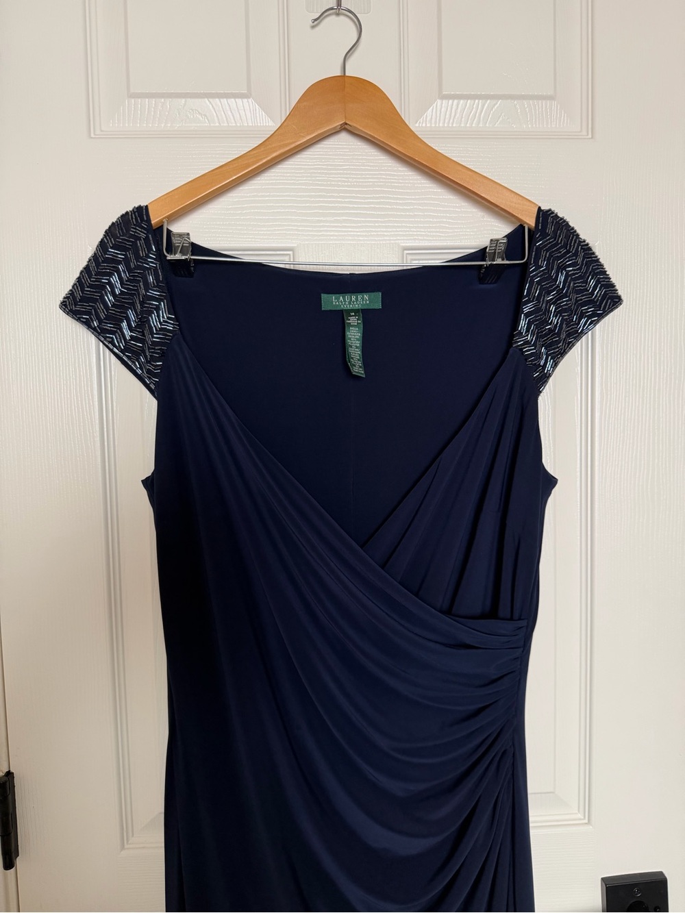 Lauren Ralph Lauren Evening WearNavy Draped V-Neck Evening Gown Sz 14- Stretchy
